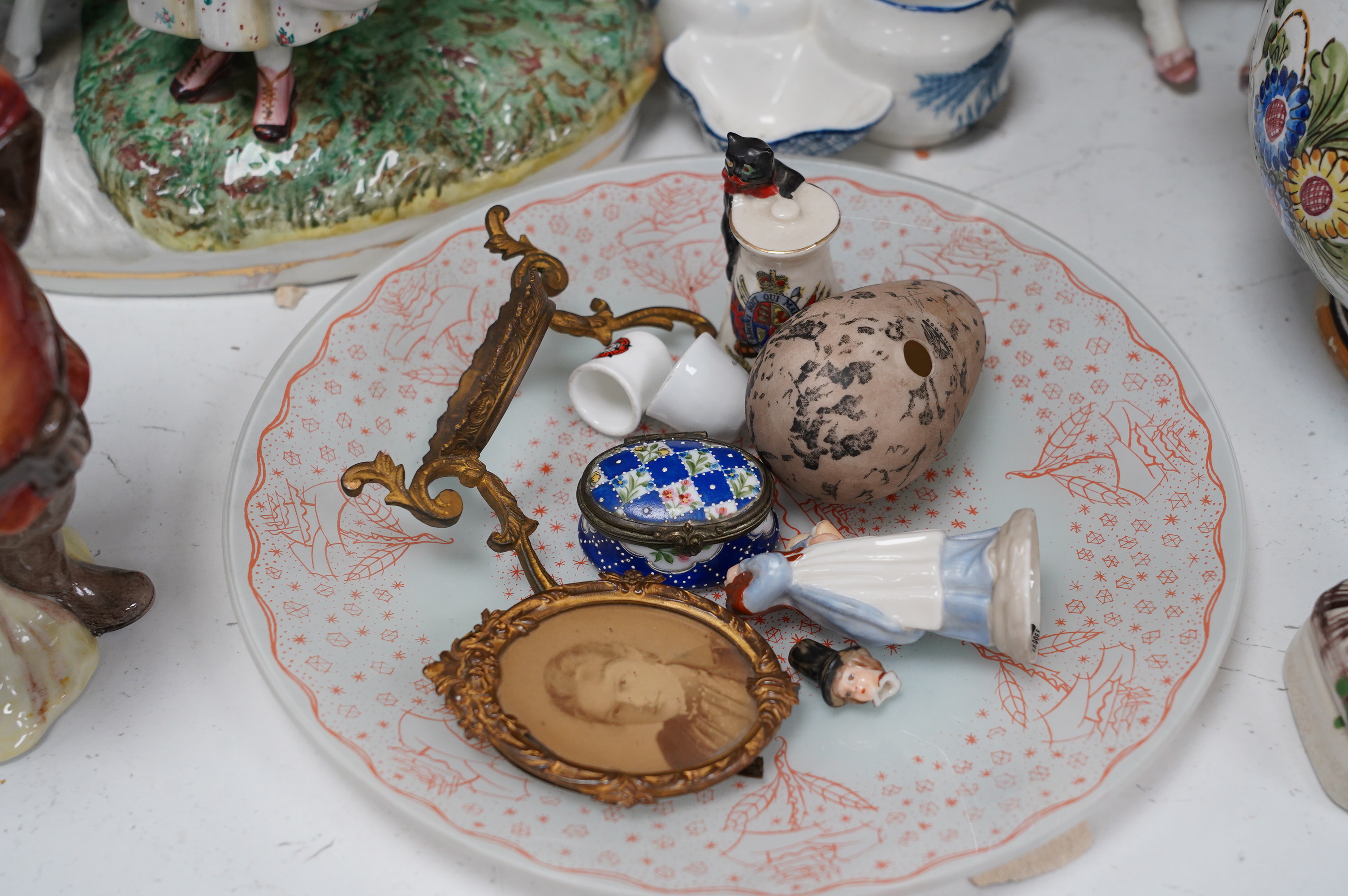 Miscellaneous ceramic ornaments including a continental majolica pot, Staffordshire, etc. Condition - varies